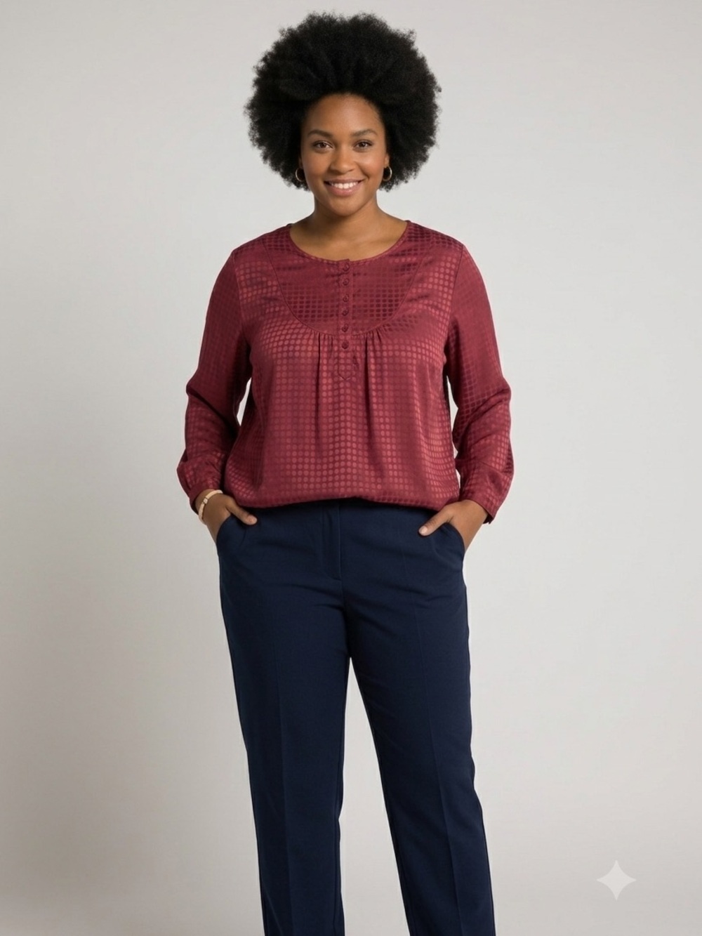 Ulla Popken Maroon Polka Dot Henley Blouse 24/26 NWOT Relaxed Fit